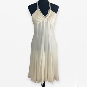 BCBGMaxazria 100% silk Cream Crystal Halter Empire rushed chemise midi Dress 8